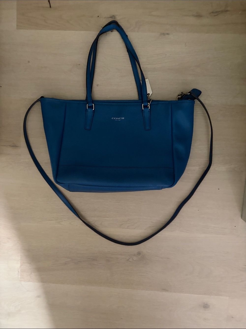 Coach Teal-Blue Leather Tote with Detachable Crossbody Strap
